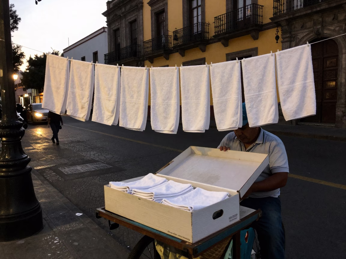 Early Evening Street Scene in Mexico City with Shoebox and Drying Towels in in Mexico City, Mexico