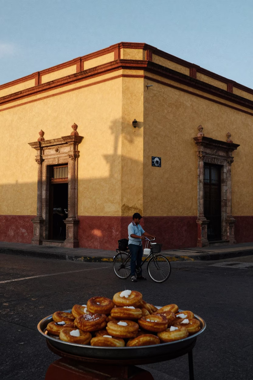 Early Evening Street Scene in Mexico City with Tray of Loukoumades Drizzled with Honey in in Mexico City, Mexico