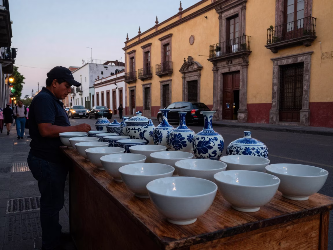 Early Evening Street Scene in Mexico City with Vintage Blue Porcelain and Wicker Shadows in in Mexico City, Mexico