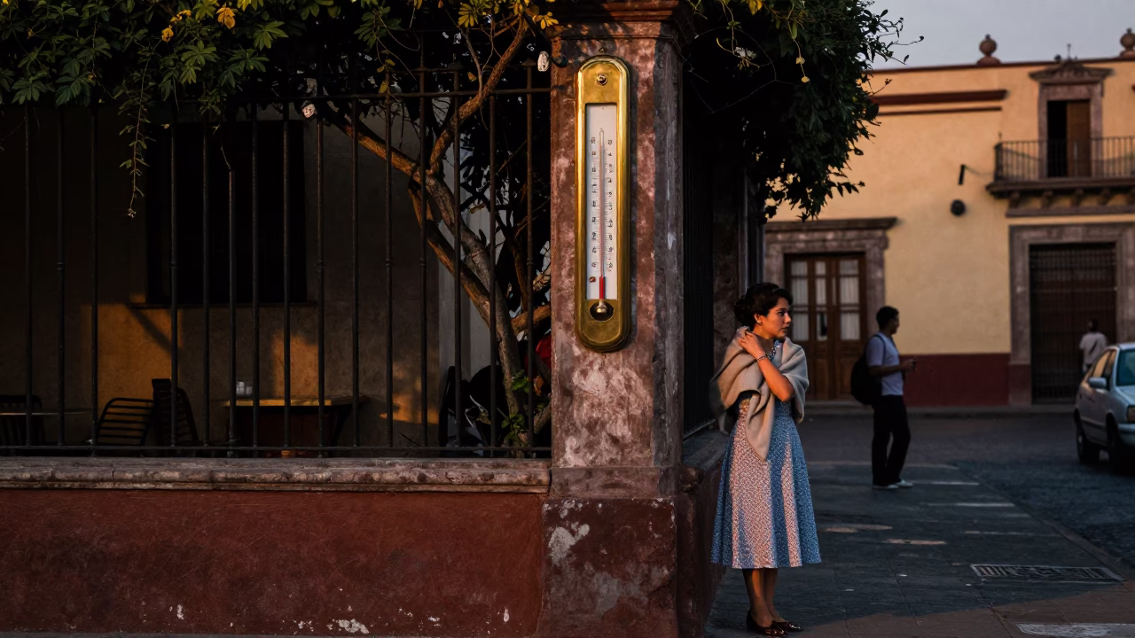 Early Evening Street Scene in Mexico City with Vintage Trellis and Thermometer in in Mexico City, Mexico