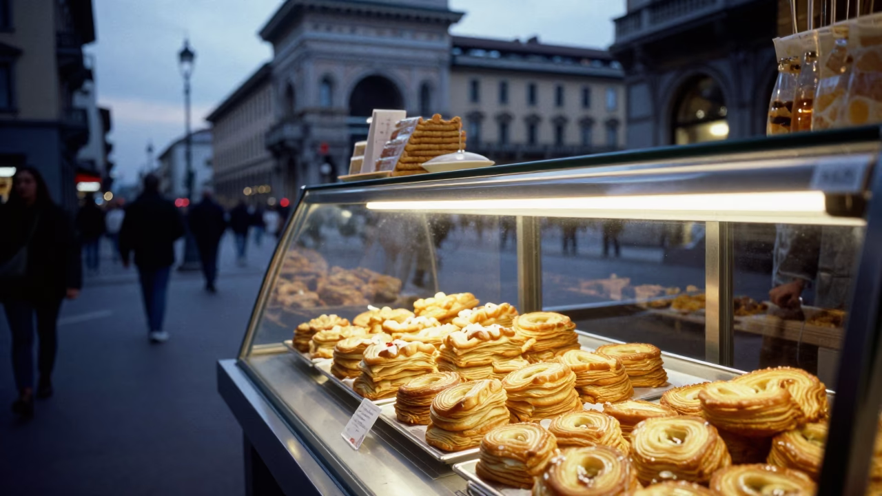 Early Evening Street Scene in Milan Italy with Golden Pastries and Urban Architecture in in Milan, Italy
