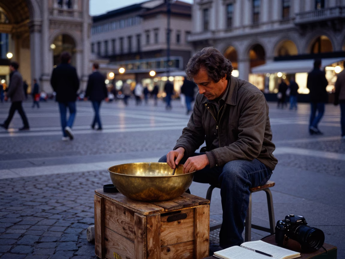 Early Evening Street Scene in Milan Italy with Notebook and Brass Basin in in Milan, Italy