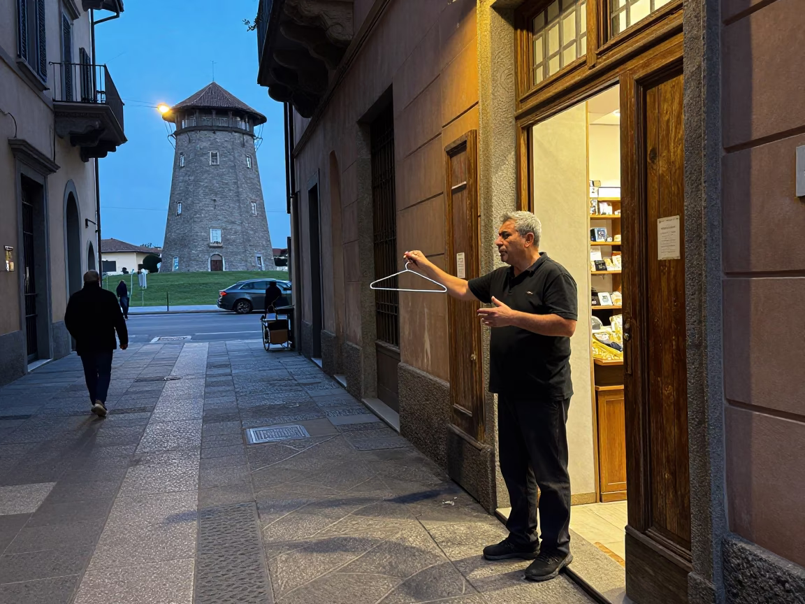 Early Evening Street Scene in Milan Italy with Pepper Mill and Shirt Hanger in in Milan, Italy
