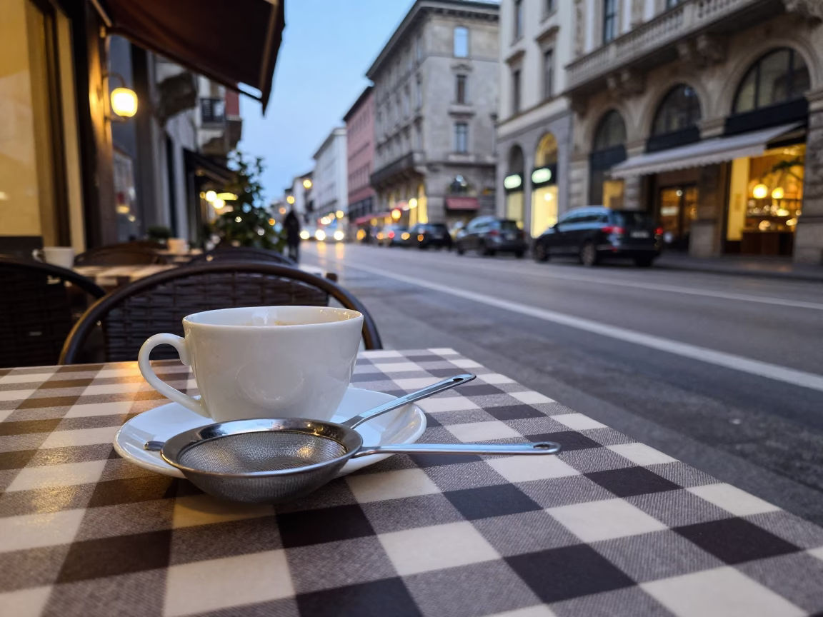 Early Evening Street Scene in Milan Italy with Tea Strainer on Cafe Table in in Milan, Italy
