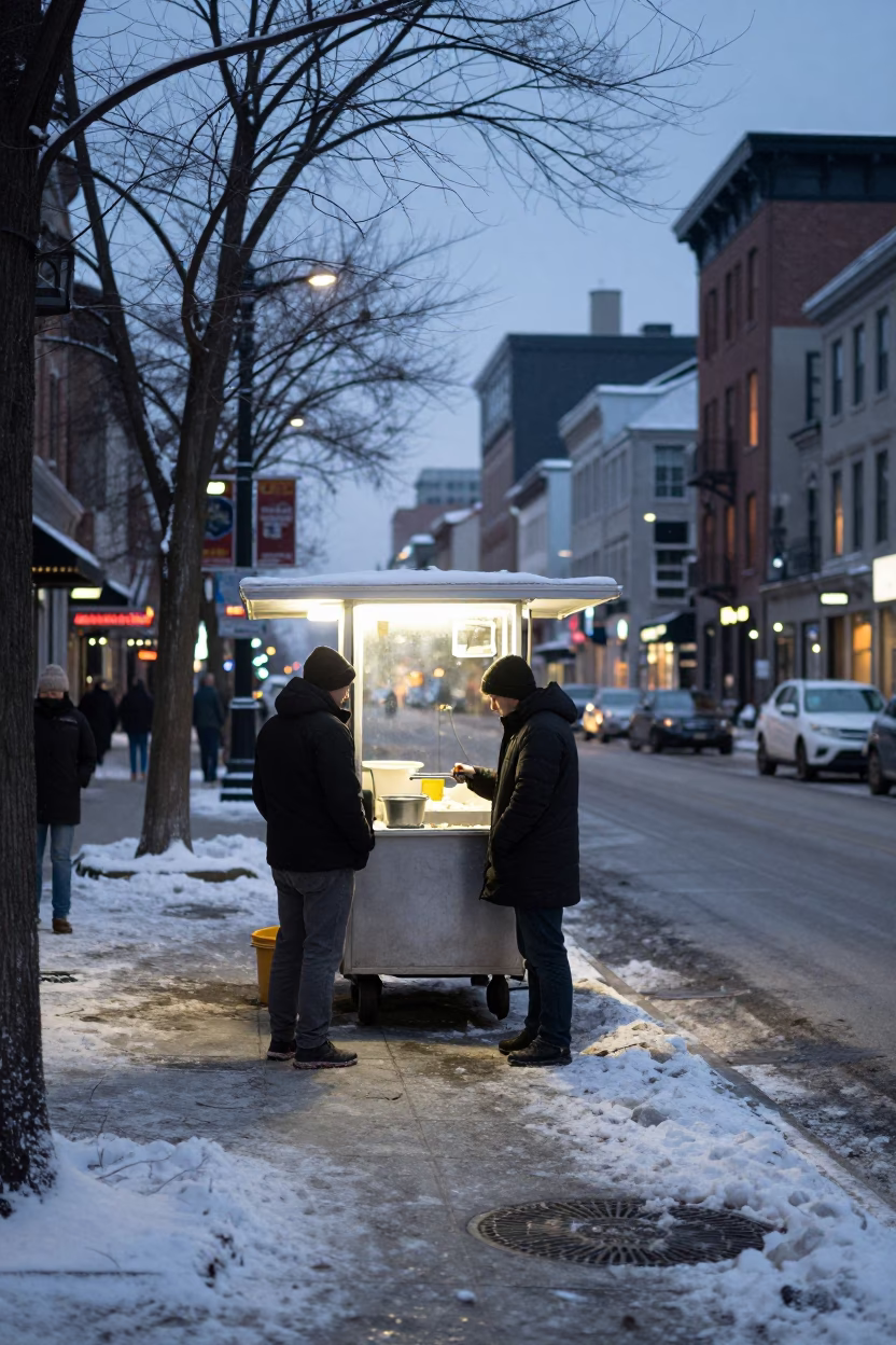 Early Evening Street Scene in Montreal Quebec Canada with Snow and Urban Details in in Montreal, Quebec, Canada