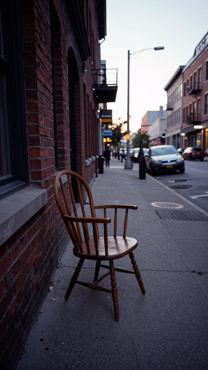 Early Evening Street Scene in Montreal Quebec Canada with Spindle Chair and Scarf in in Montreal, Quebec, Canada