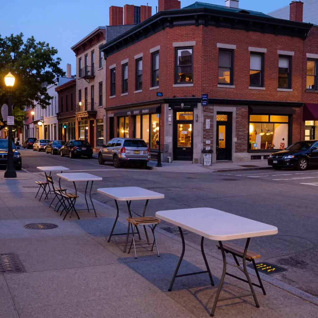 Early Evening Street Scene in Montreal Quebec with Retro Folding Tables and Metro Station in in Montreal, Quebec, Canada