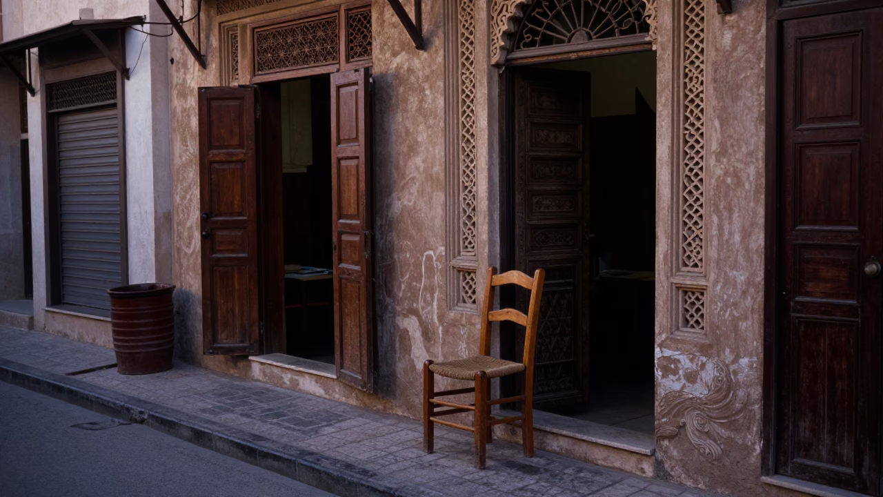 Early Evening Street Scene in Muscat Oman with Ladder Back Chair and Peaches in in Muscat, Oman