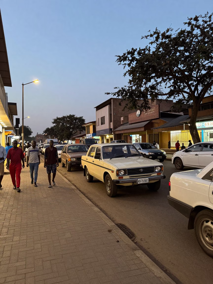 Early Evening Street Scene in Nairobi Kenya with Vintage Vehicles and Local Commerce in in Nairobi, Kenya