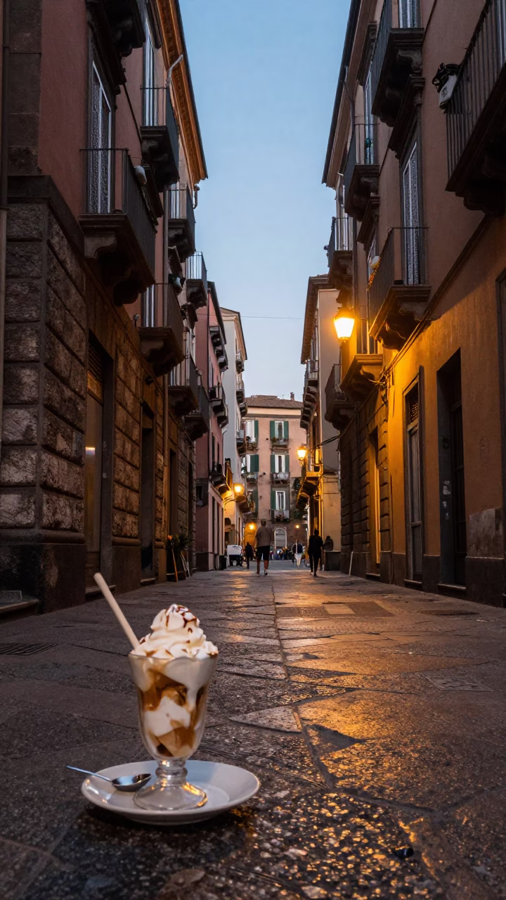 Early Evening Street Scene in Naples Italy with Affogato and Local Life in in Naples, Italy
