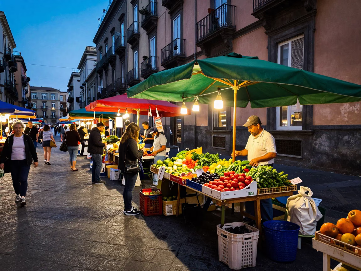Early Evening Street Scene in Naples Italy with Colorful Market Stalls and Local Vendors in in Naples, Italy