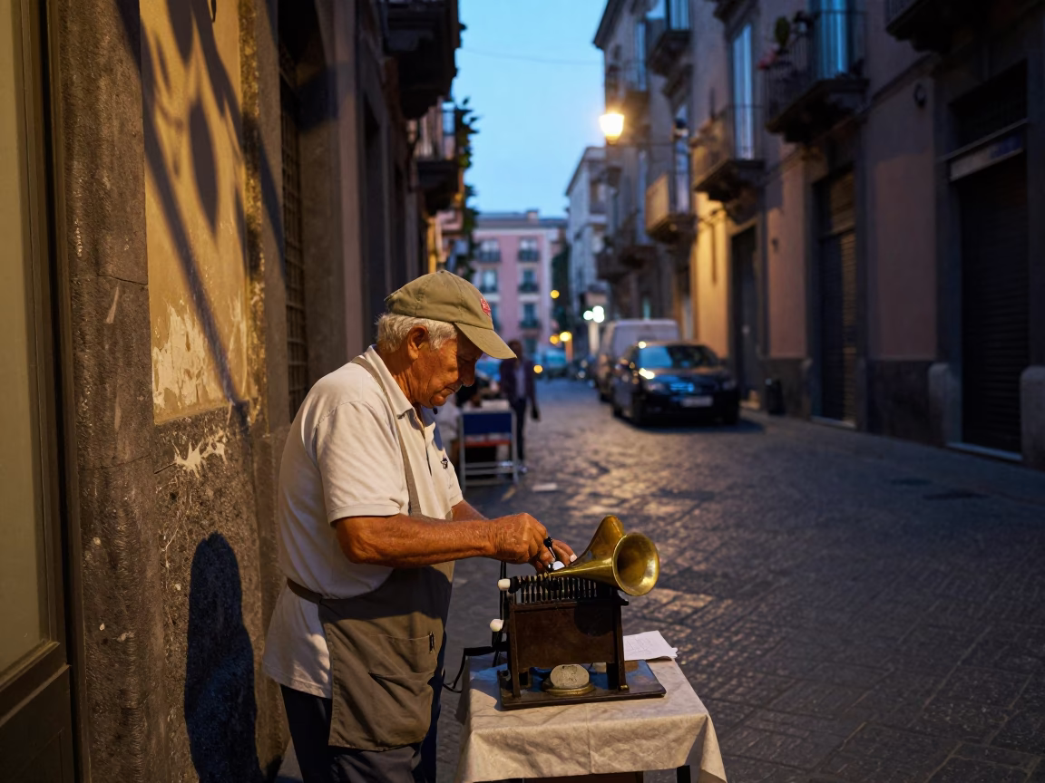Early Evening Street Scene in Naples Italy with Leaf Shadows and Bellows in in Naples, Italy