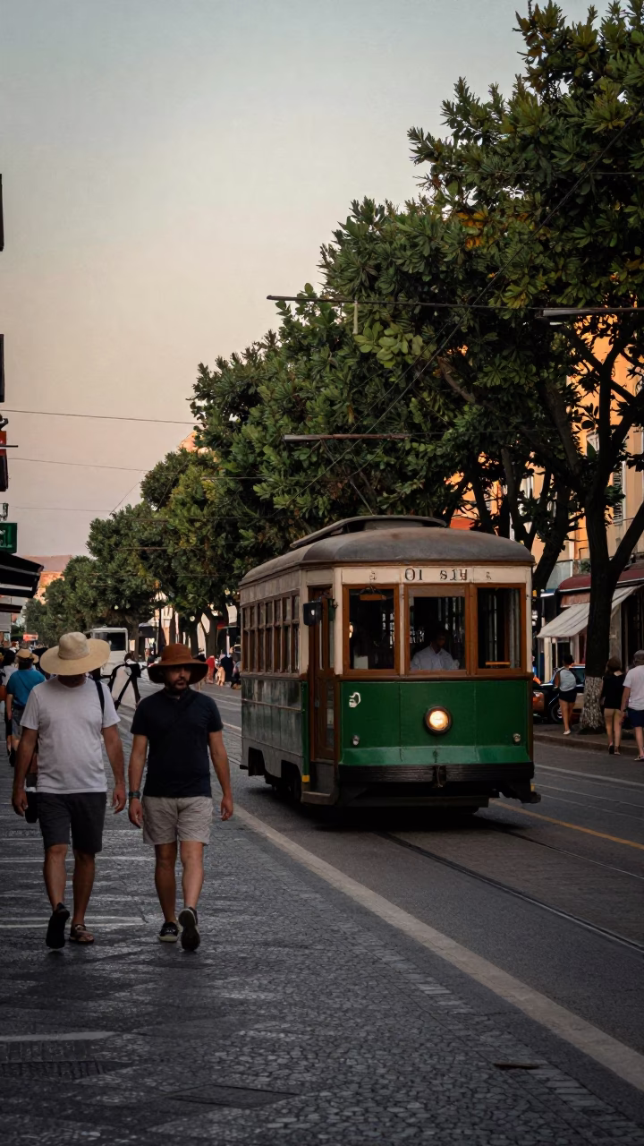 Early Evening Street Scene in Naples Italy with Old Trolley and Sun Hats in in Naples, Italy
