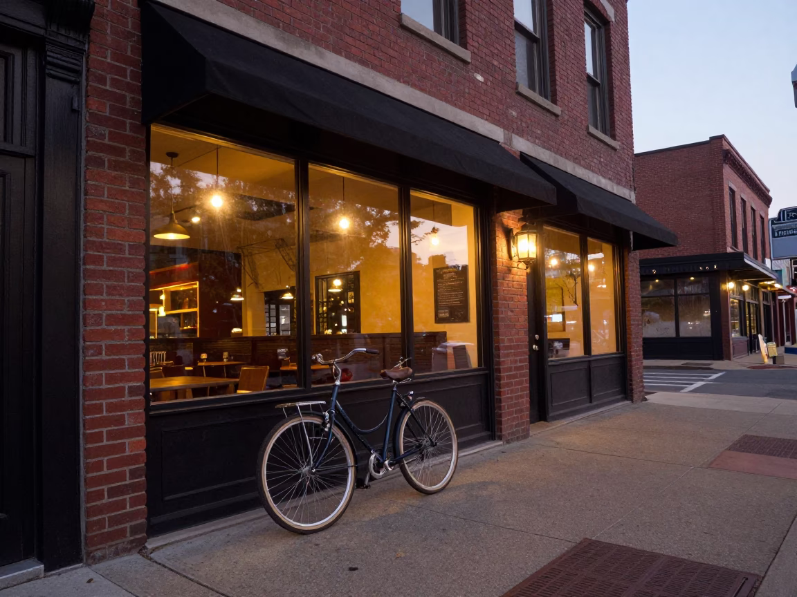 Early Evening Street Scene in Nashville Tennessee With Bicycle Leaning Against Cafe in in Nashville, Tennessee, United States
