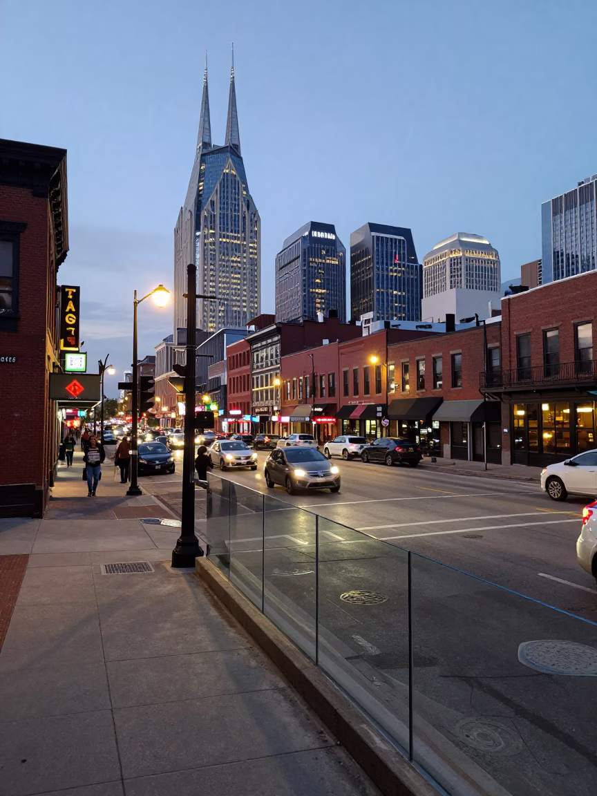 Early Evening Street Scene in Nashville Tennessee With Clear Glass Railings and Urban Details in in Nashville, Tennessee, United States