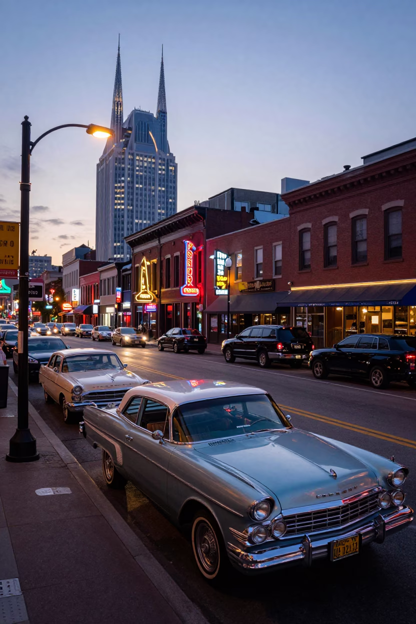 Early Evening Street Scene in Nashville Tennessee with Vintage Cars and Pedestrians in in Nashville, Tennessee, United States
