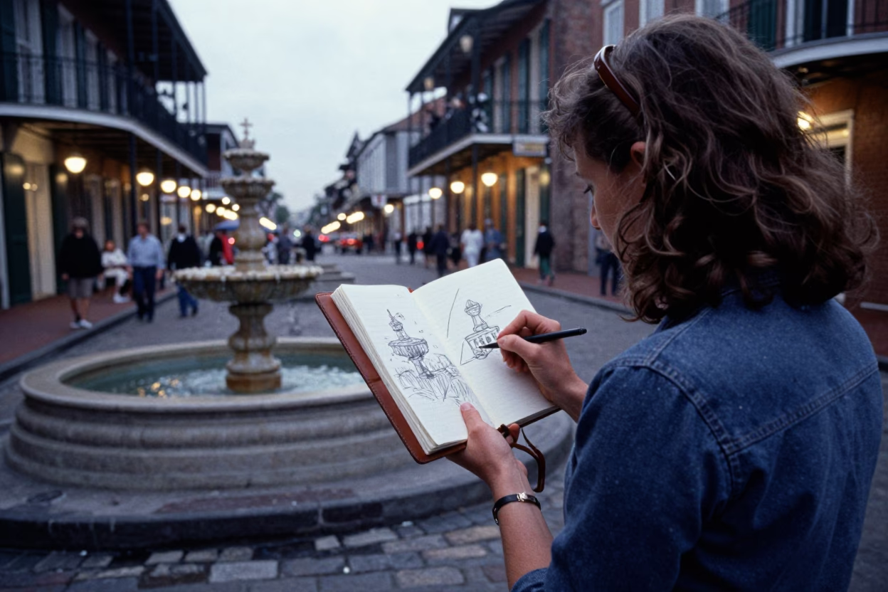 Early Evening Street Scene in New Orleans Louisiana With Sketchbook and Fountain Pen in in New Orleans, Louisiana, United States