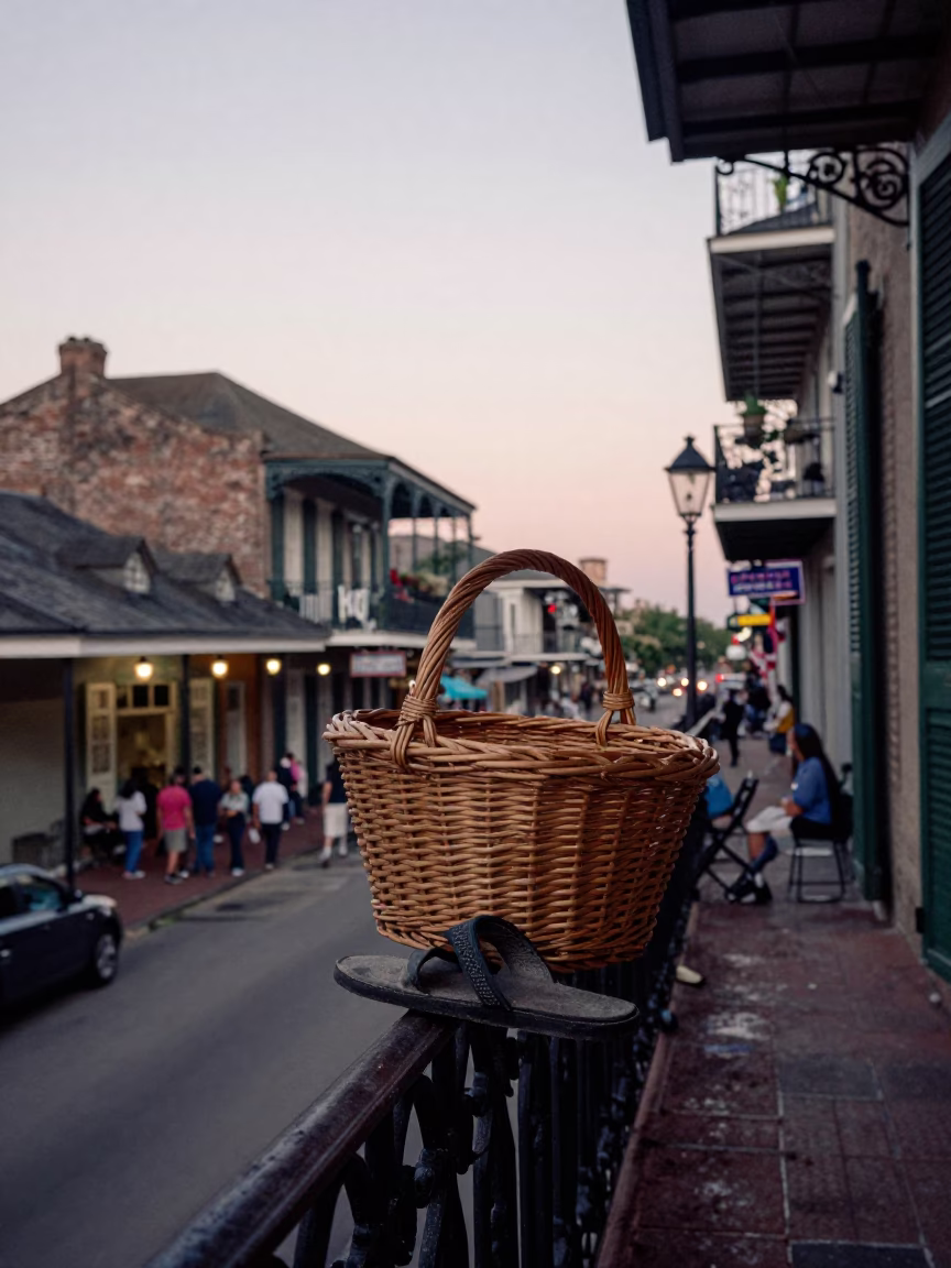 Early Evening Street Scene in New Orleans Louisiana with Wicker Basket and Slippers in in New Orleans, Louisiana, United States