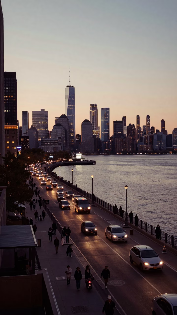Early Evening Street Scene in New York City with Crowded River Ferry Crossing in in New York, New York, United States