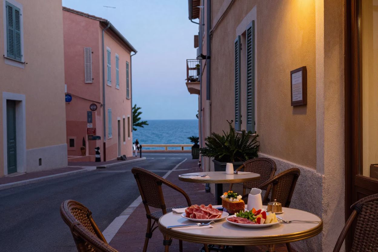 Early Evening Street Scene in Nice France with Charcuterie and Local Life in in Nice, France