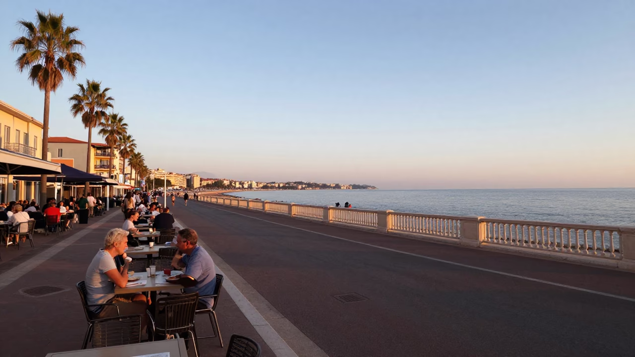 Early Evening Street Scene in Nice France with Local Dining and Harbor Views in in Nice, France