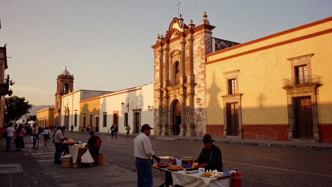 Early evening street scene in Oaxaca Mexico with local vendors and colorful colonial architecture in in Oaxaca, Mexico