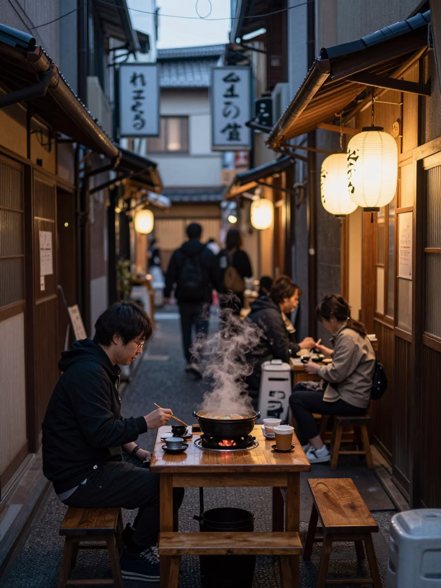 Early Evening Street Scene in Osaka Japan with Steaming Hotpot and Local Dining in in Osaka, Japan