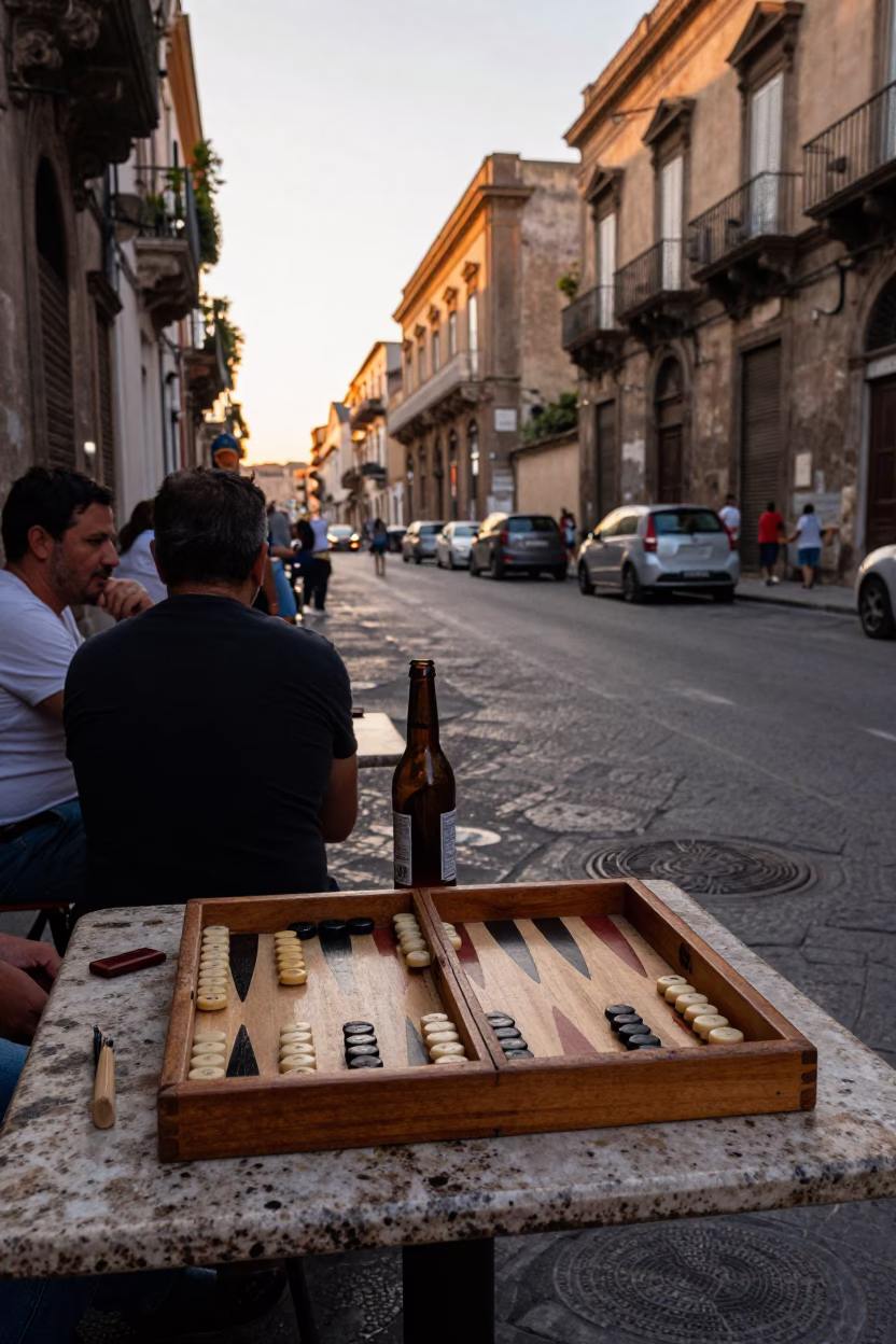 Early Evening Street Scene in Palermo Italy with Backgammon and Bottle Opener in in Palermo, Italy