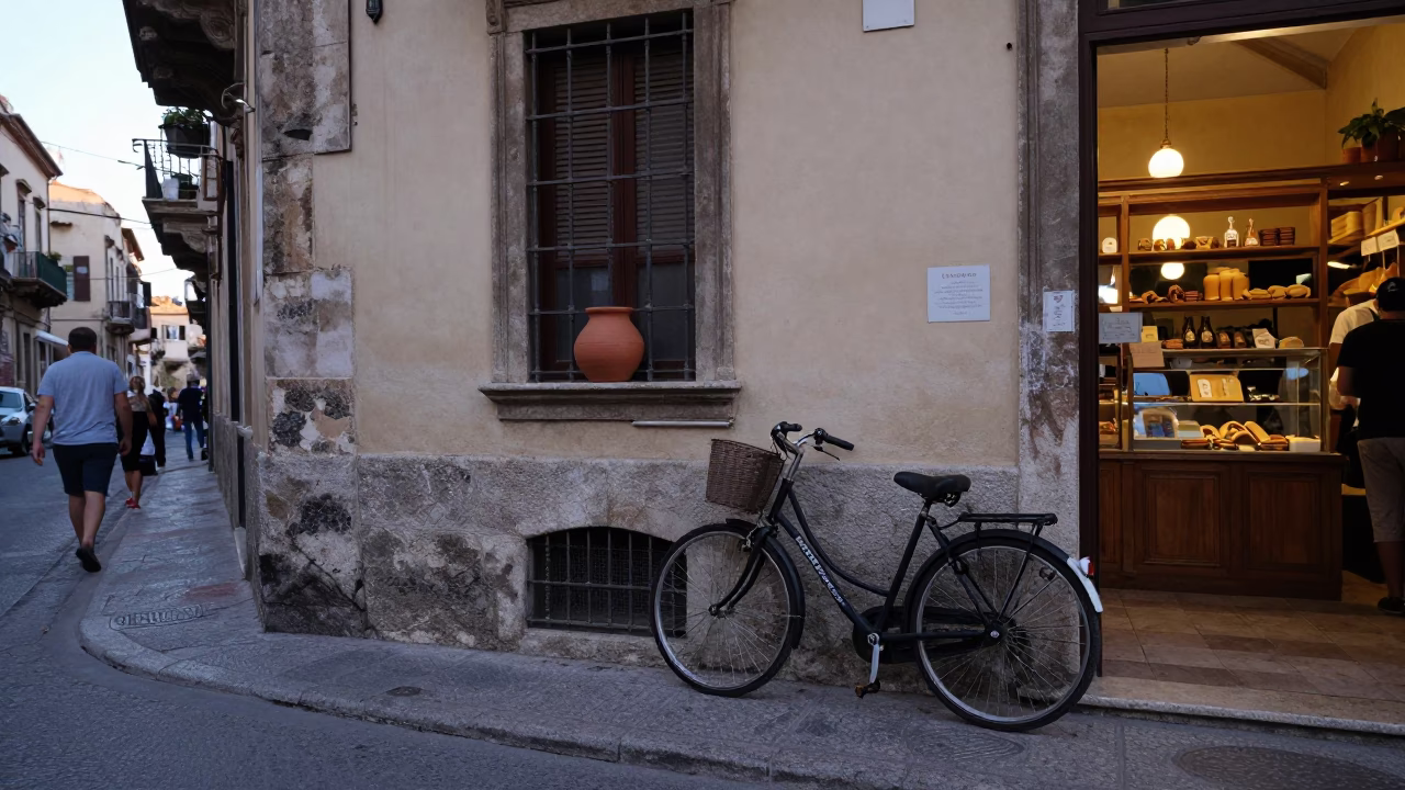 Early Evening Street Scene in Palermo Italy with Bicycle and Bakery in in Palermo, Italy