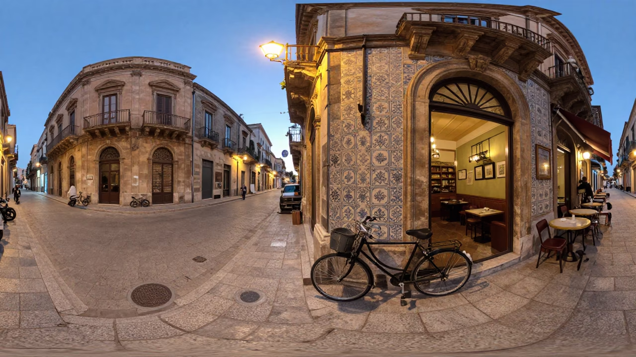 Early Evening Street Scene in Palermo Italy with Bicycle and Cafe Culture in in Palermo, Italy