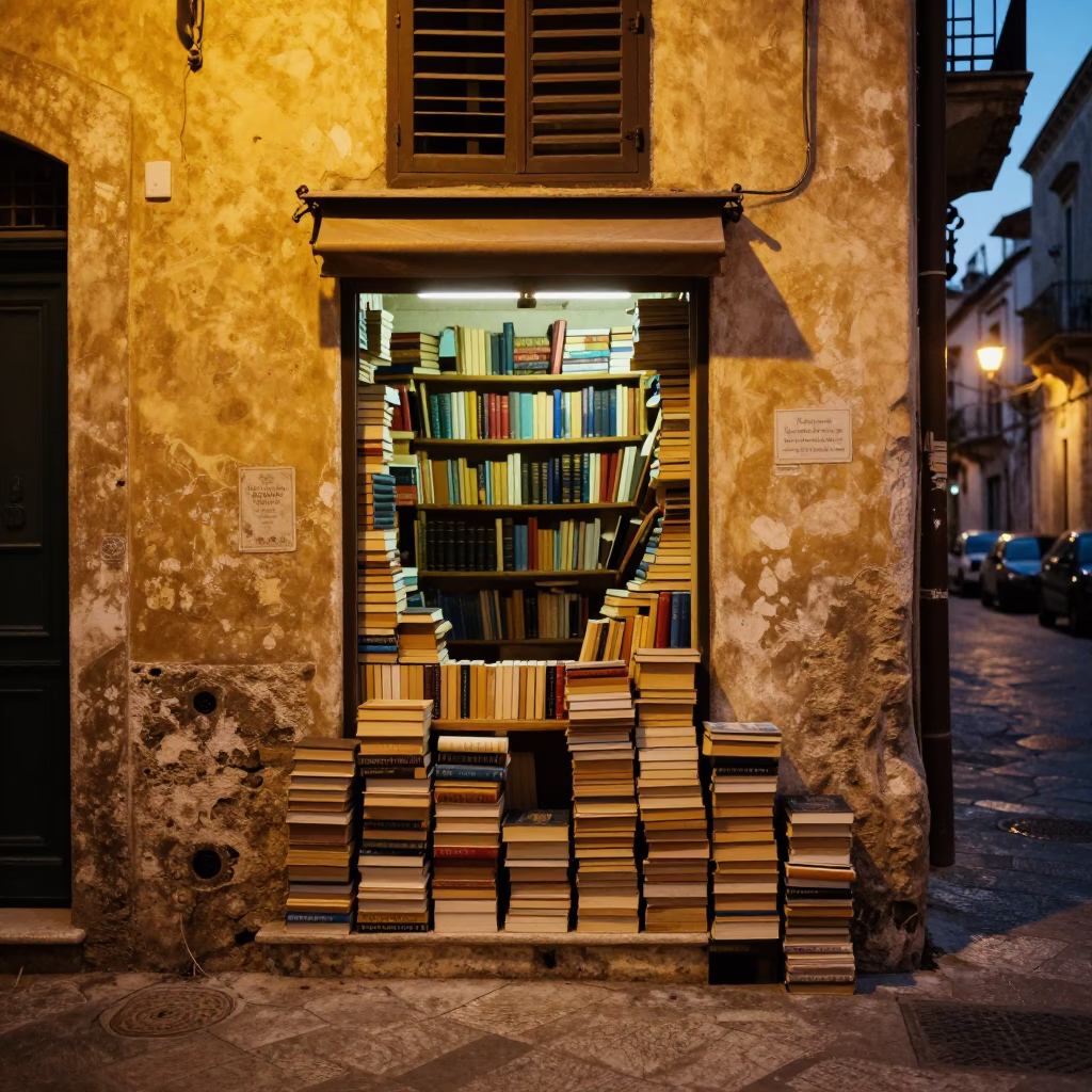 Early Evening Street Scene in Palermo Italy with Books and Dish Rack in in Palermo, Italy