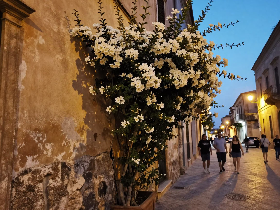 Early Evening Street Scene in Palermo Italy with Flowering Plant and Rust Details in in Palermo, Italy