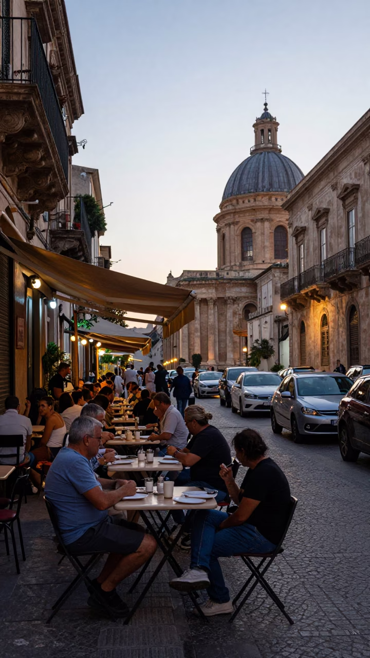 Early Evening Street Scene in Palermo Italy with Local Diners and Traditional Architecture in in Palermo, Italy