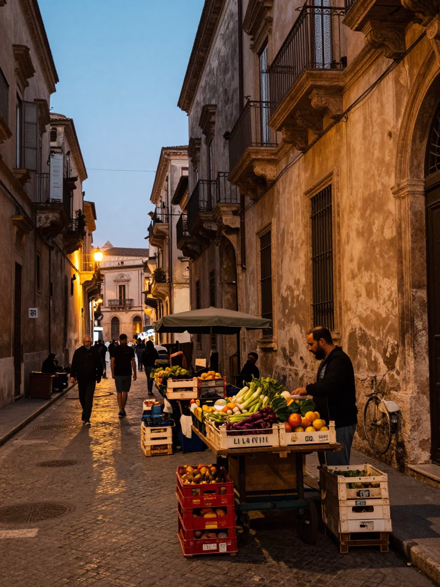 Early Evening Street Scene in Palermo Italy with Local Market Activity in in Palermo, Italy