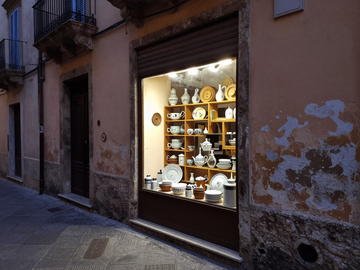 Early Evening Street Scene in Palermo Italy with Local Shop Display in in Palermo, Italy