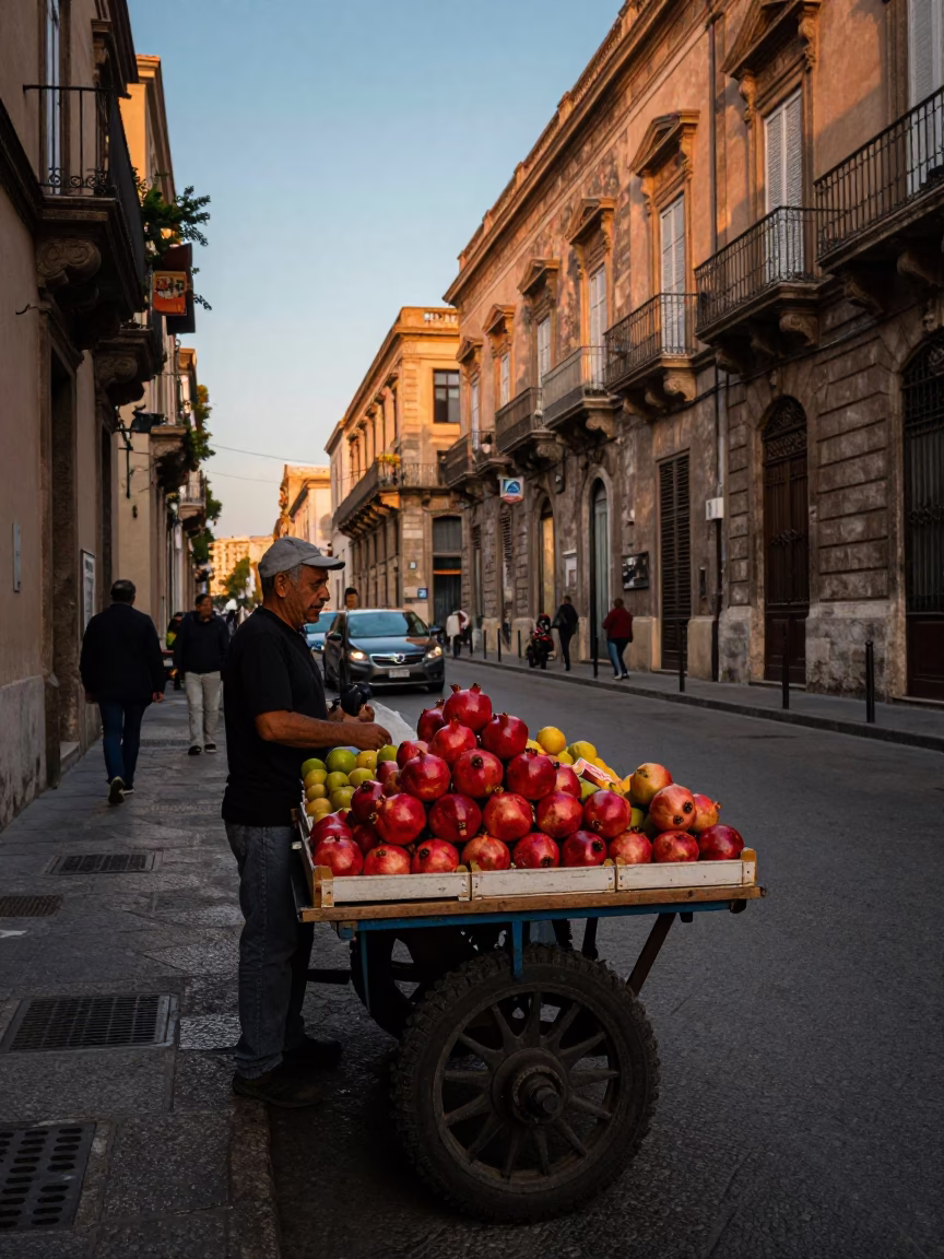 Early Evening Street Scene in Palermo Italy with Pomegranate and Local Life in in Palermo, Italy