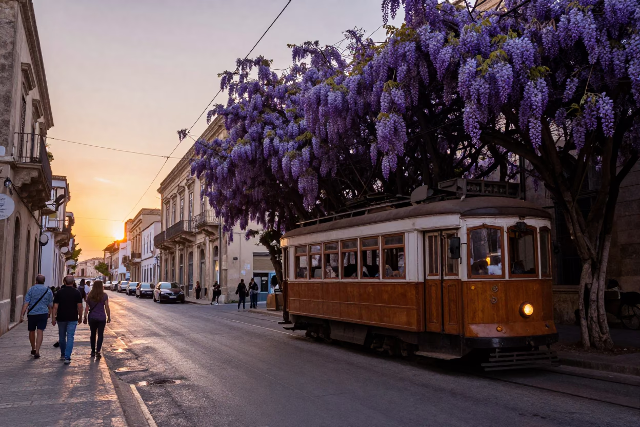 Early Evening Street Scene in Palermo Italy with Wisteria and Tramcar in in Palermo, Italy