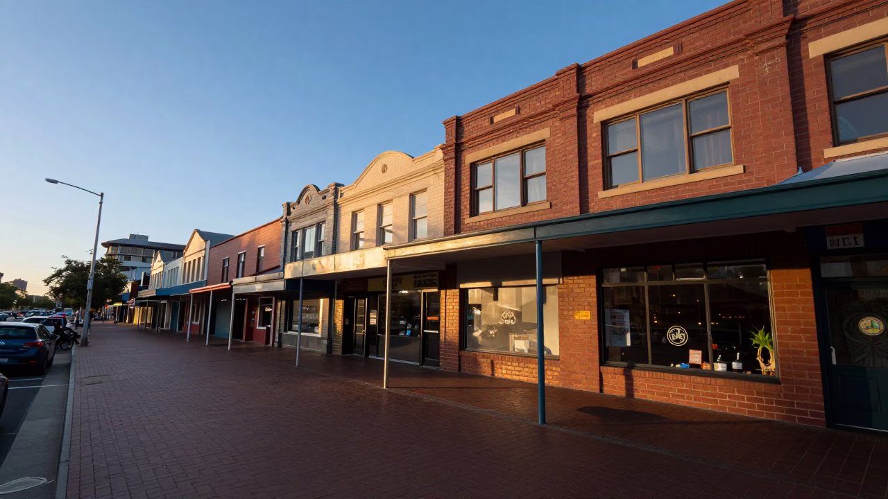 Early Evening Street Scene in Perth Western Australia Featuring Local Shopfronts and Pedestrians in in Perth, Western Australia, Australia