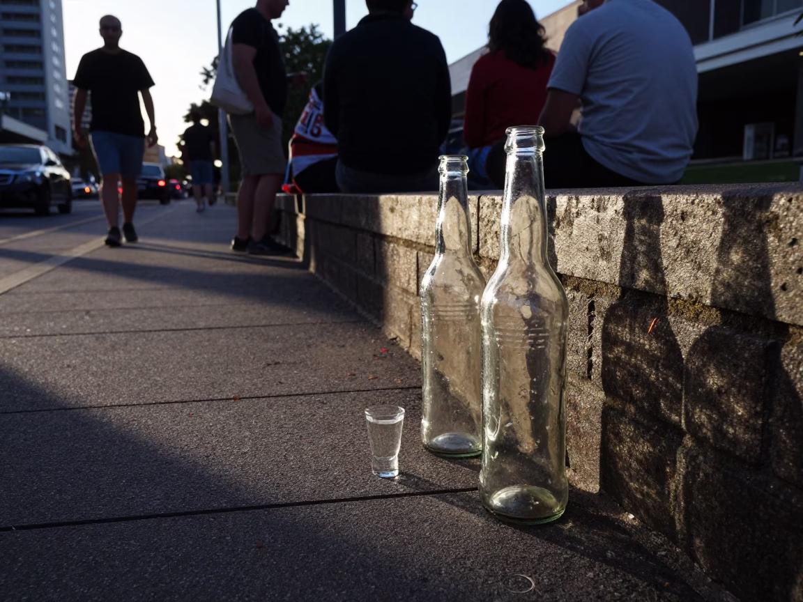 Early Evening Street Scene in Perth Western Australia with Glass Bottles and Linen Napkin in in Perth, Western Australia, Australia