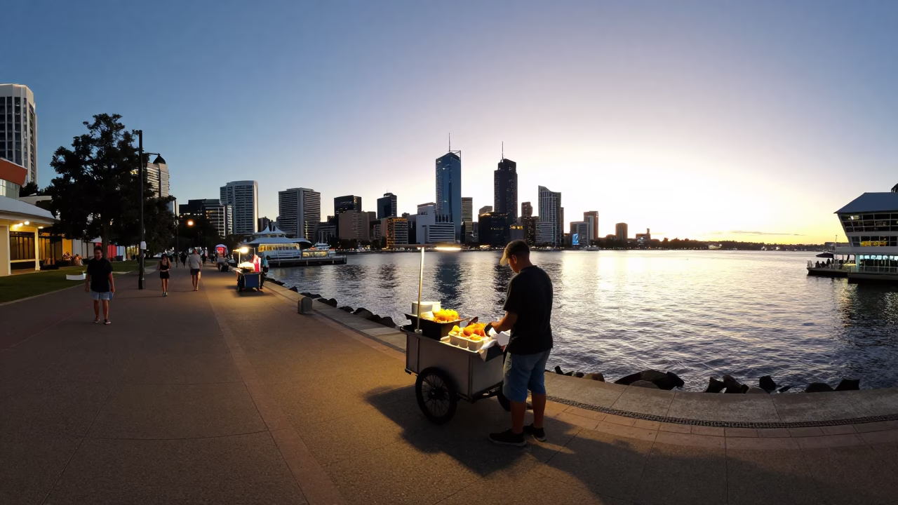 Early Evening Street Scene in Perth Western Australia with Local Food and Urban Details in in Perth, Western Australia, Australia