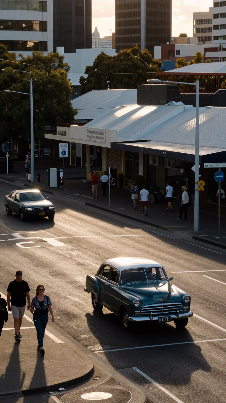 Early Evening Street Scene in Perth Western Australia with Local Pedestrians and Urban Architecture in in Perth, Western Australia, Australia