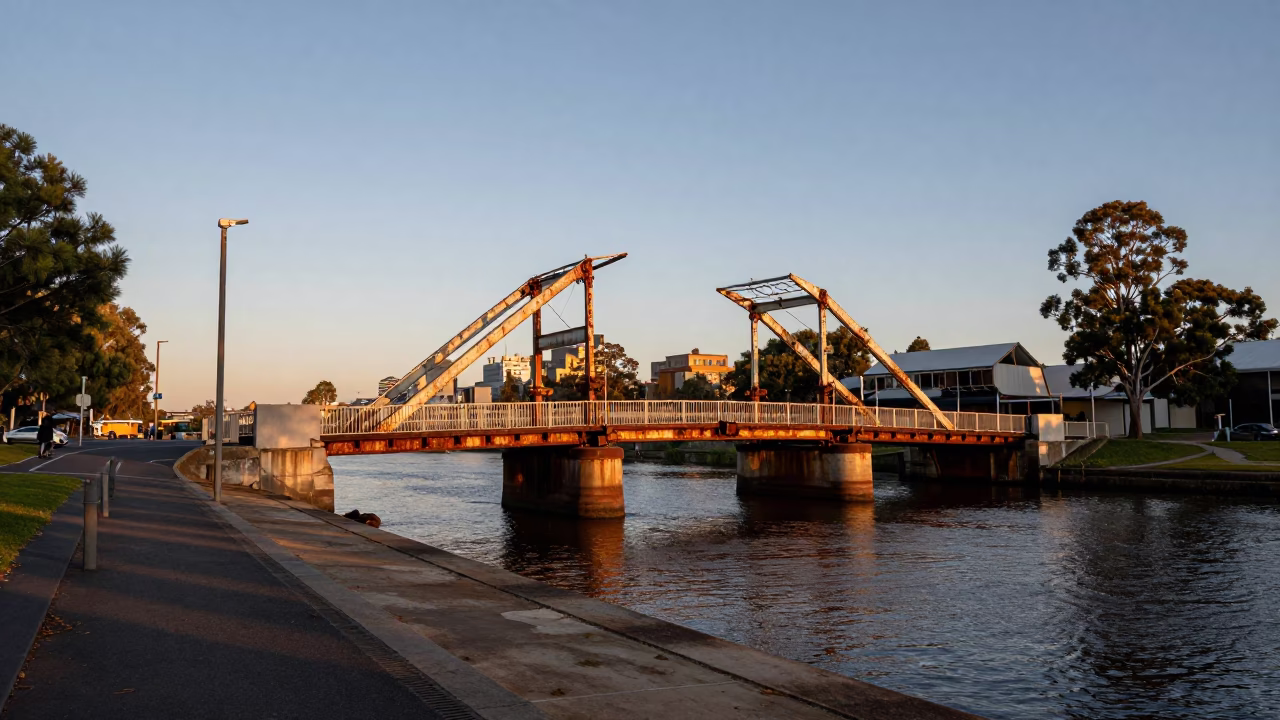 Early Evening Street Scene in Perth Western Australia with Rusted Drawbridge and Kapok Tree in in Perth, Western Australia, Australia