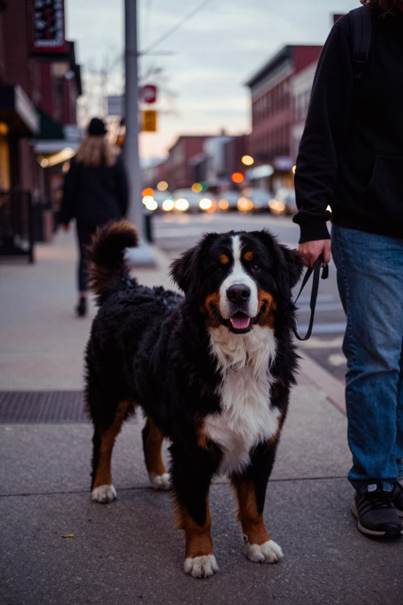 Early Evening Street Scene in Philadelphia Pennsylvania with Bernese Mountain Dog and Harmonica in in Philadelphia, Pennsylvania, United States
