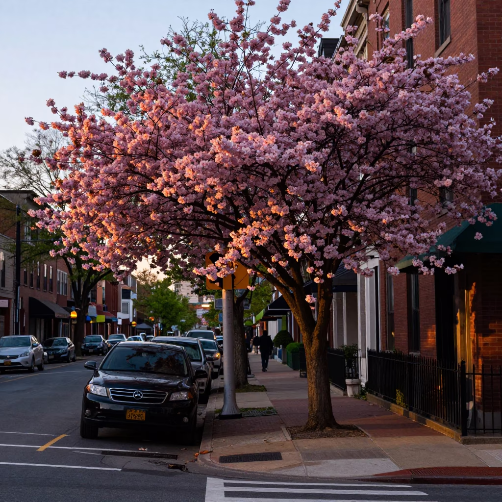 Early Evening Street Scene in Philadelphia Pennsylvania with Dogwood Tree in in Philadelphia, Pennsylvania, United States