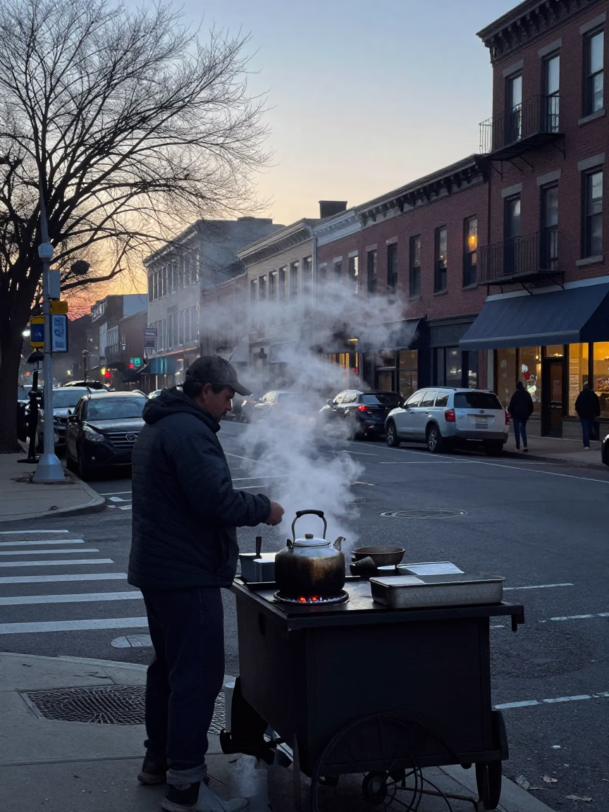 Early Evening Street Scene in Philadelphia Pennsylvania with Steam Haze and Kettle in in Philadelphia, Pennsylvania, United States
