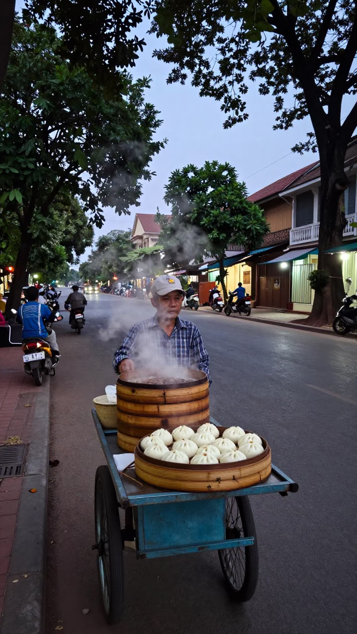 Early Evening Street Scene in Phnom Penh Cambodia with Bamboo Steamer and Local Vendor in in Phnom Penh, Cambodia