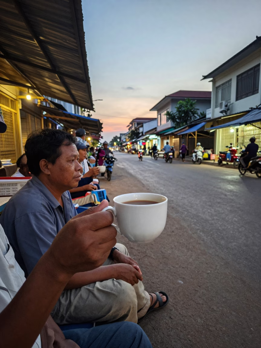 Early Evening Street Scene in Phnom Penh Cambodia with Ceramic Cup and Urban Activity in in Phnom Penh, Cambodia