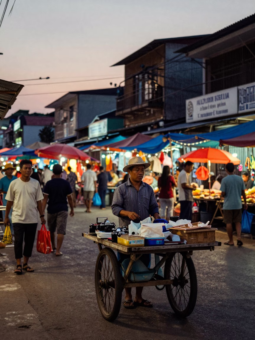 Early Evening Street Scene in Phnom Penh Cambodia with Local Market Activity in in Phnom Penh, Cambodia