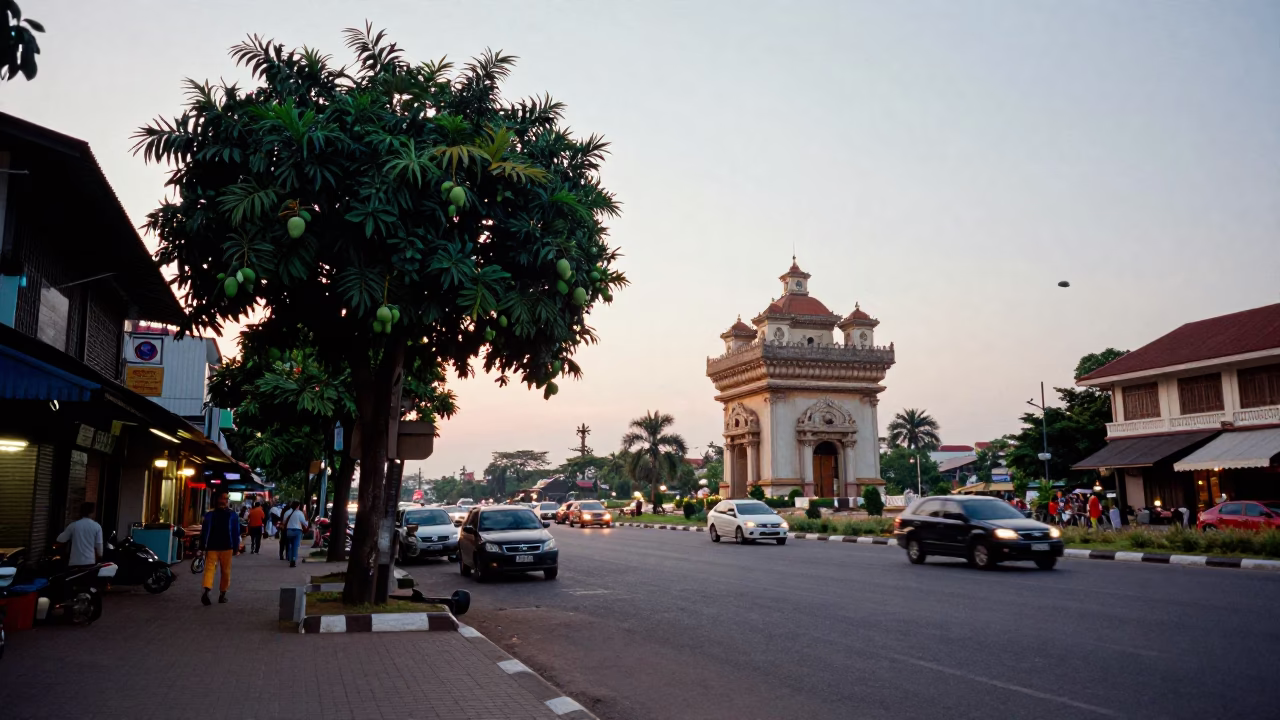 Early Evening Street Scene in Phnom Penh Cambodia with Mango Tree and Woven Basket in in Phnom Penh, Cambodia