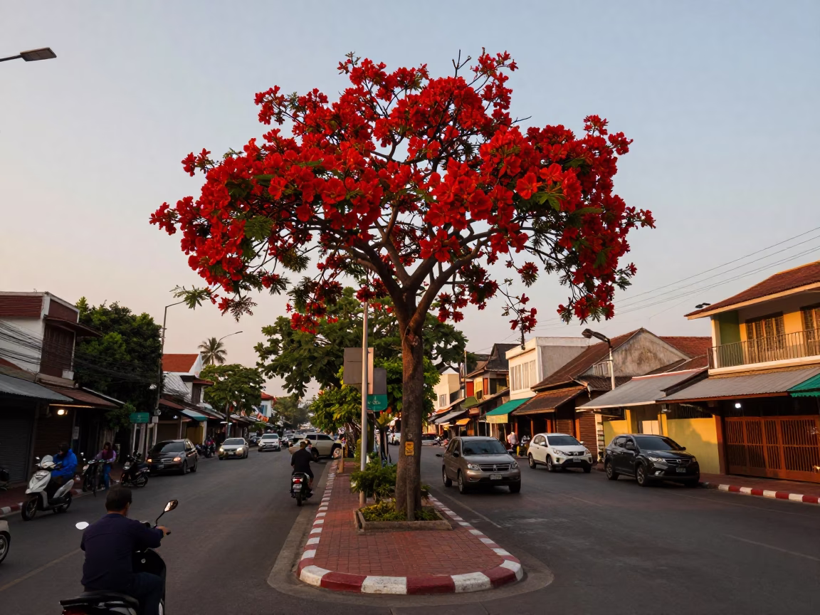 Early Evening Street Scene in Phuket Thailand with Flame Tree and Motorbike Traffic in in Phuket, Thailand
